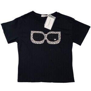 NWT HuiHuijia Black Graphic Tee Leopard Sunglasses Bling Studded One Size